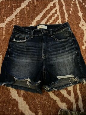 BKE Women's Dark Blue Distressed High Waist Denim Shorts